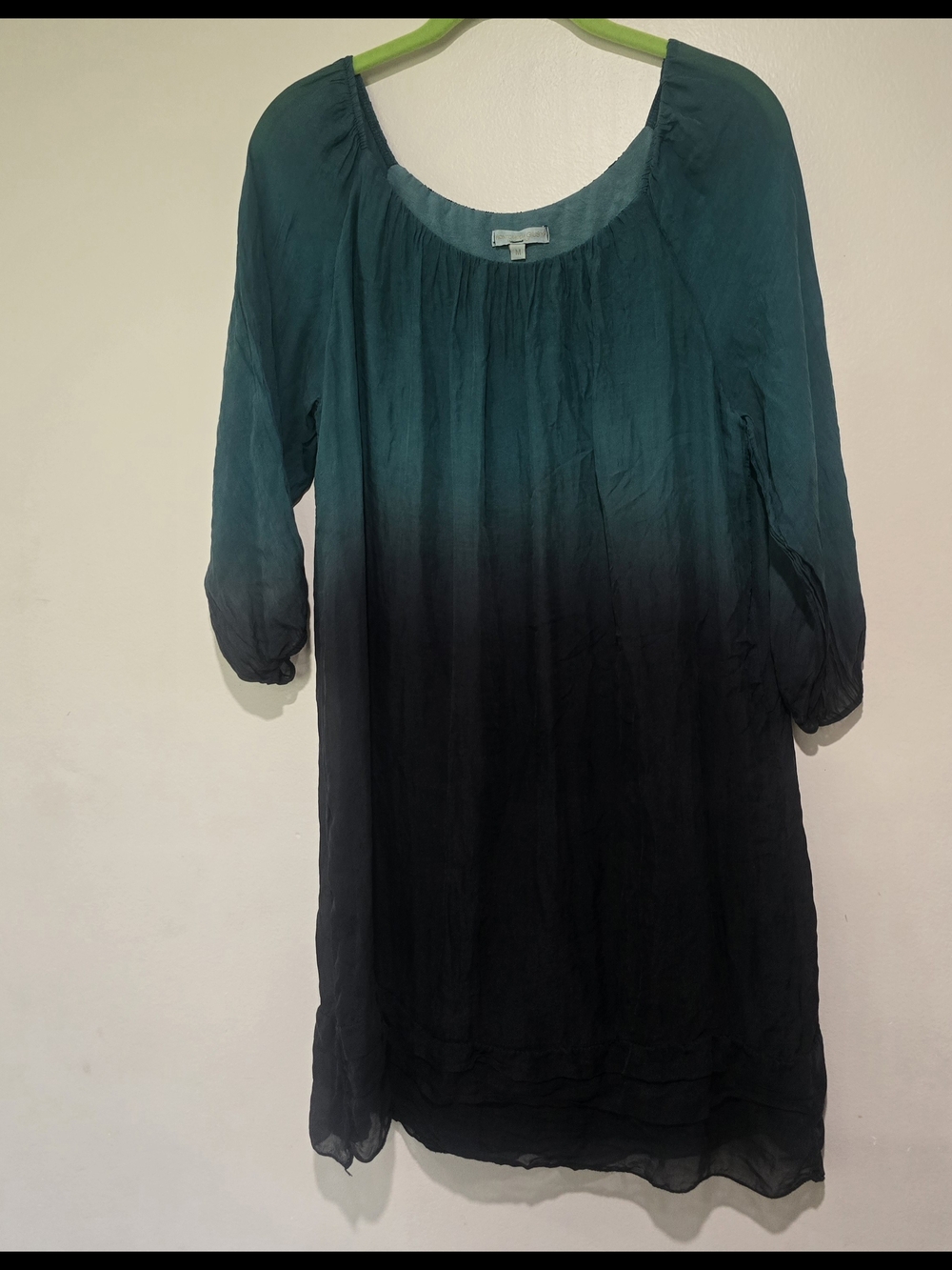Women’s M Prontomoda Silk Teal to Black Ombre Scoop Neck Dress 3/4 Sleeve *0163